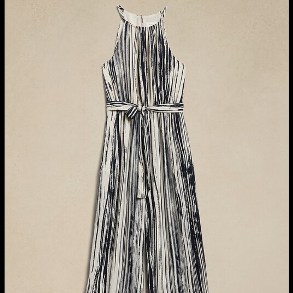Banana Republic Black and White Satin Twill Halter Jumpsuit